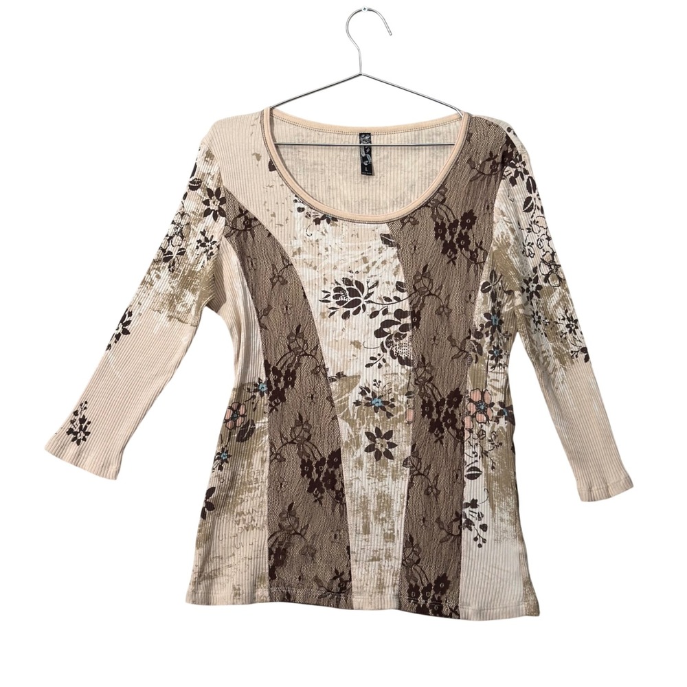 Vintage Y2k Vanilla Sugar Top Womens L Beige Floral Lace Mixed Media Ribbed Knit